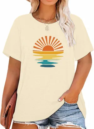 MK Shop Limited Plus Size Tops for Women Cute Vintage Graphic Tee Sunrise Camping Funny Print Casual Nature Travel Shirt