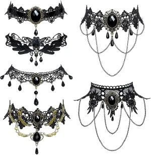 NEWITIN 6 Pieces Black Lace Choker Necklaces for Women Gothic Crystal Choker Necklace Lace Chokers Black Neck Chain Collar Costume Vintage Thick Chokers for Women