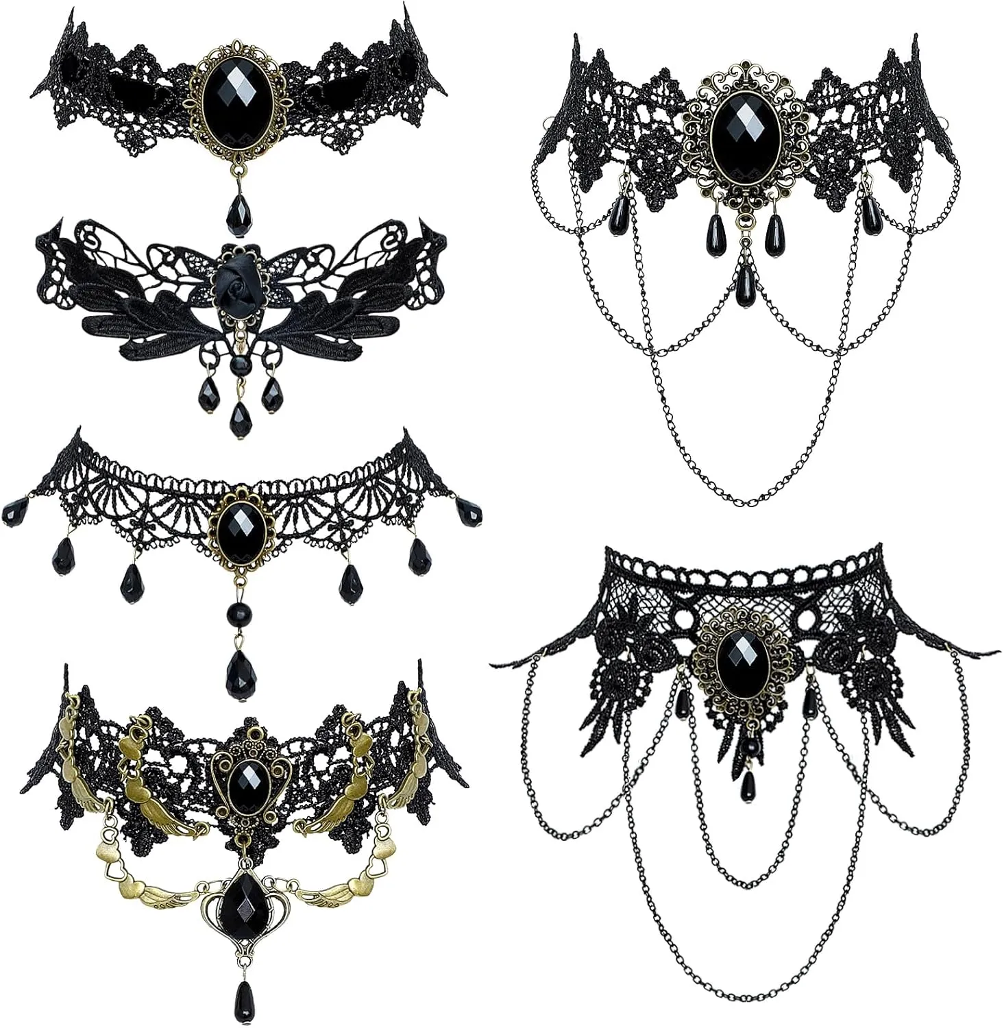 NEWITIN 6 Pieces Black Lace Choker Necklaces for Women Gothic Crystal Choker Necklace Lace Chokers Black Neck Chain Collar Costume Vintage Thick Chokers for Women