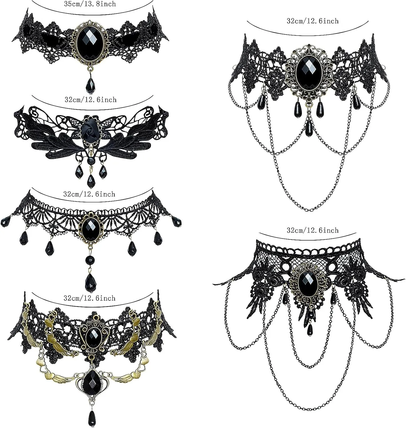 NEWITIN 6 Pieces Black Lace Choker Necklaces for Women Gothic Crystal Choker Necklace Lace Chokers Black Neck Chain Collar Costume Vintage Thick Chokers for Women