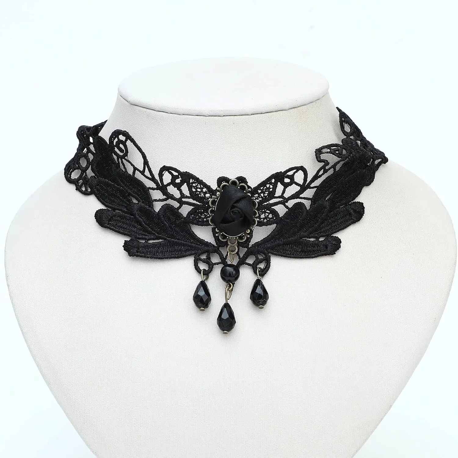 NEWITIN 6 Pieces Black Lace Choker Necklaces for Women Gothic Crystal Choker Necklace Lace Chokers Black Neck Chain Collar Costume Vintage Thick Chokers for Women
