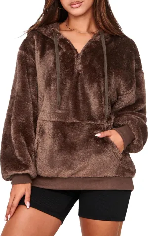 NIeyook Sherpa Fleece Hoodies for Women Fuzzy Oversized Zip up Hoodie with Pockets Casual Pullover Hooded Sweatshirt Brown