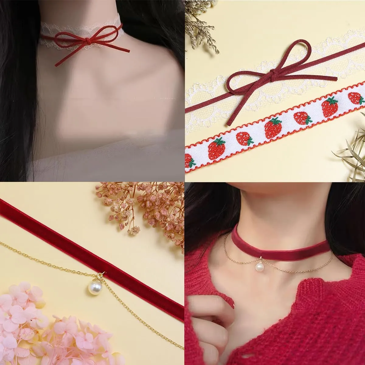 Nova&Aria Chokers Set For Women Heart Pearl Choker Necklaces Flower Pendant Velvet Cute Pink Blue White Black Choker Necklace Classic Tattoo Colorful Lace Chokers