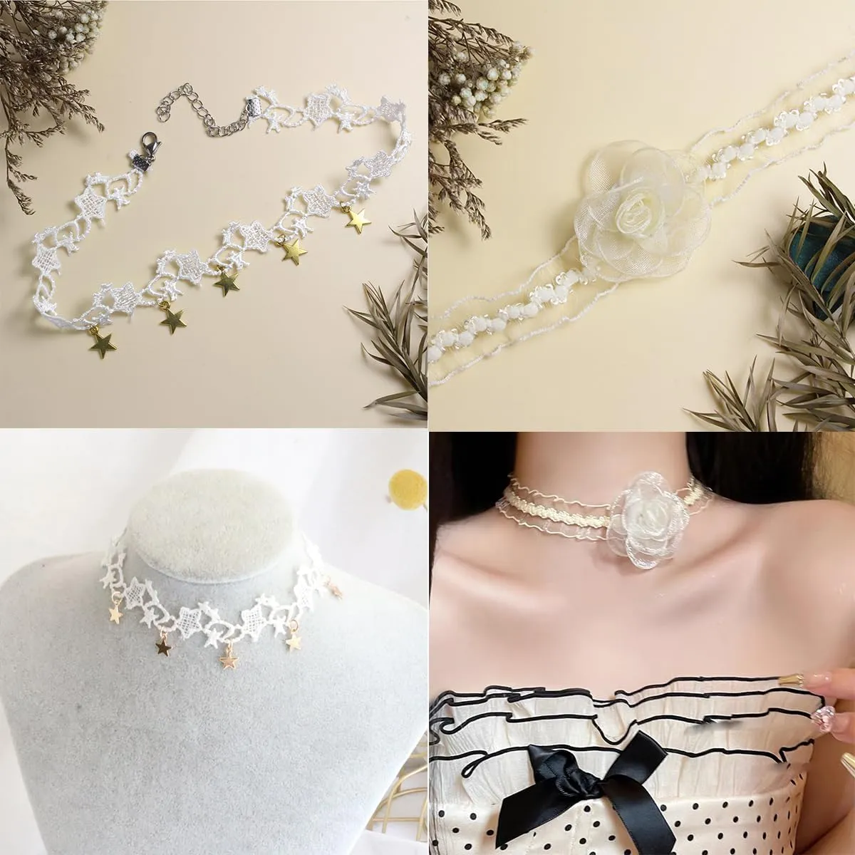 Nova&Aria Chokers Set For Women Heart Pearl Choker Necklaces Flower Pendant Velvet Cute Pink Blue White Black Choker Necklace Classic Tattoo Colorful Lace Chokers
