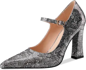 Oh Mispares Womens Pointed Toe Pumps Mary Jane Chunky Heel Closed Toe Heels Adjustable Strap Elegant Wedding Prom Office 4 Inch Dress Shoes