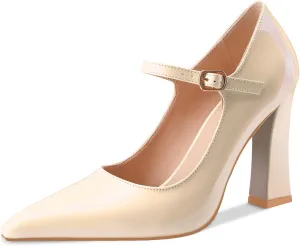 Oh Mispares Womens Pointed Toe Pumps Mary Jane Chunky Heel Closed Toe Heels Adjustable Strap Elegant Wedding Prom Office 4 Inch Dress Shoes