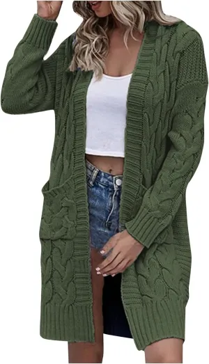 Open Front Cardigan for Womens Chunky Knit Sweaters Casual Mid_Lenth Cardigan Fall Cozy Cotton Sweater Outerwear