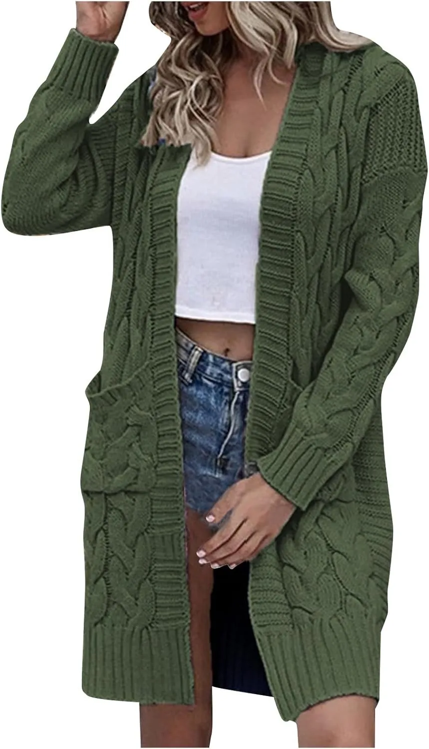 Open Front Cardigan for Womens Chunky Knit Sweaters Casual Mid_Lenth Cardigan Fall Cozy Cotton Sweater Outerwear