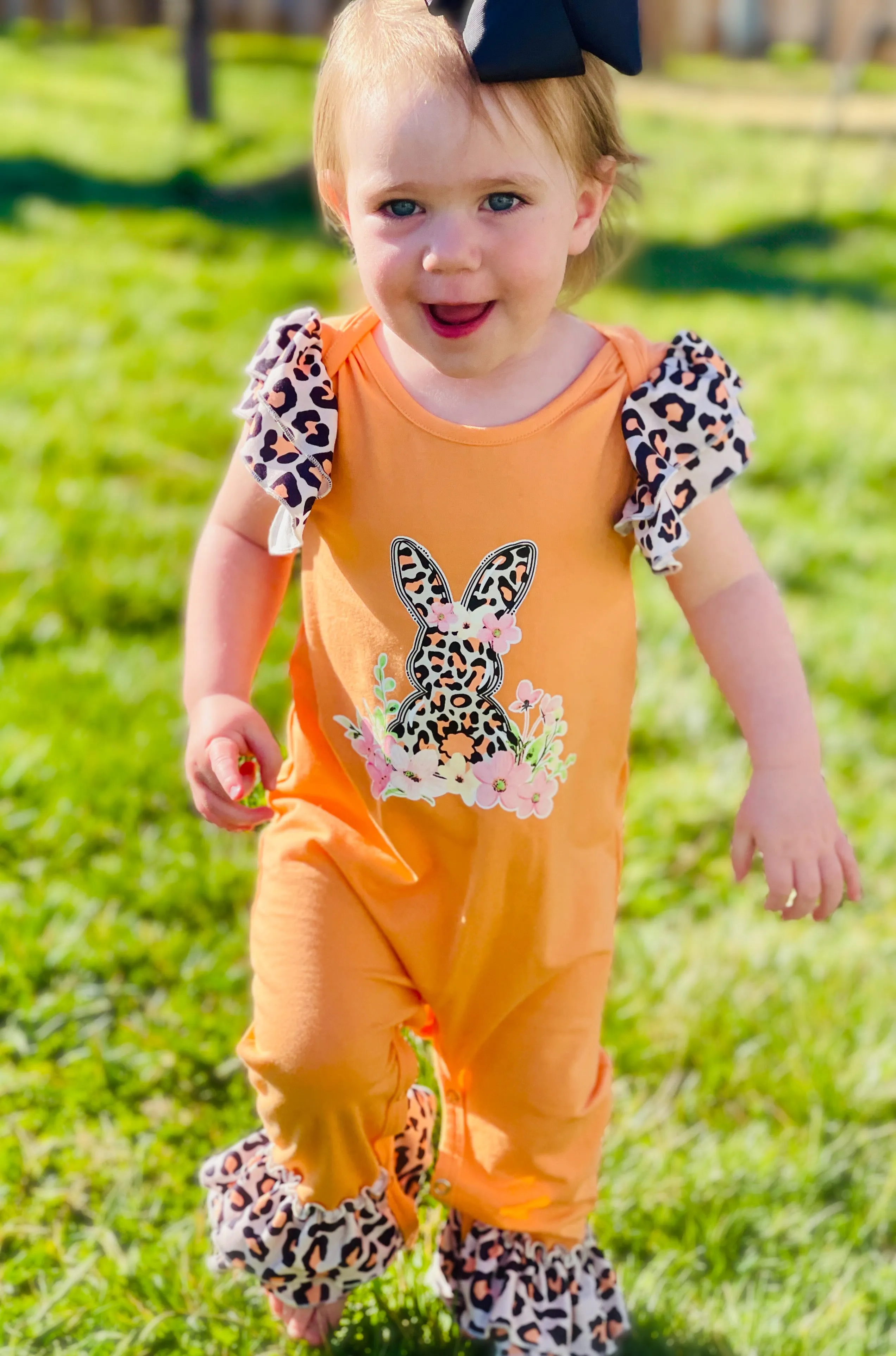 Orange & Leopard Easter Bunny Ruffled Infant Romper