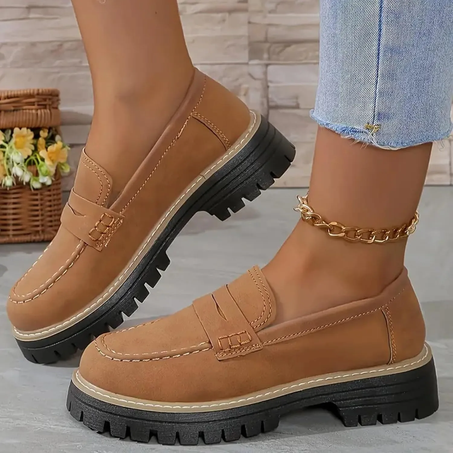 Orthoture-Orthopedic Platform Loafers, Orthoture Womens Shoes, Retro Lug Sole Slip On Loafers Casual Fashion Comfort(Brown,US 7.5)