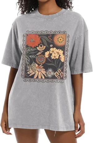 Oversized Floral Shirts for Women Vintage Boho Graphic Tees Retro Acid Wash Printed Tshirt Groovy Wildflower Tops