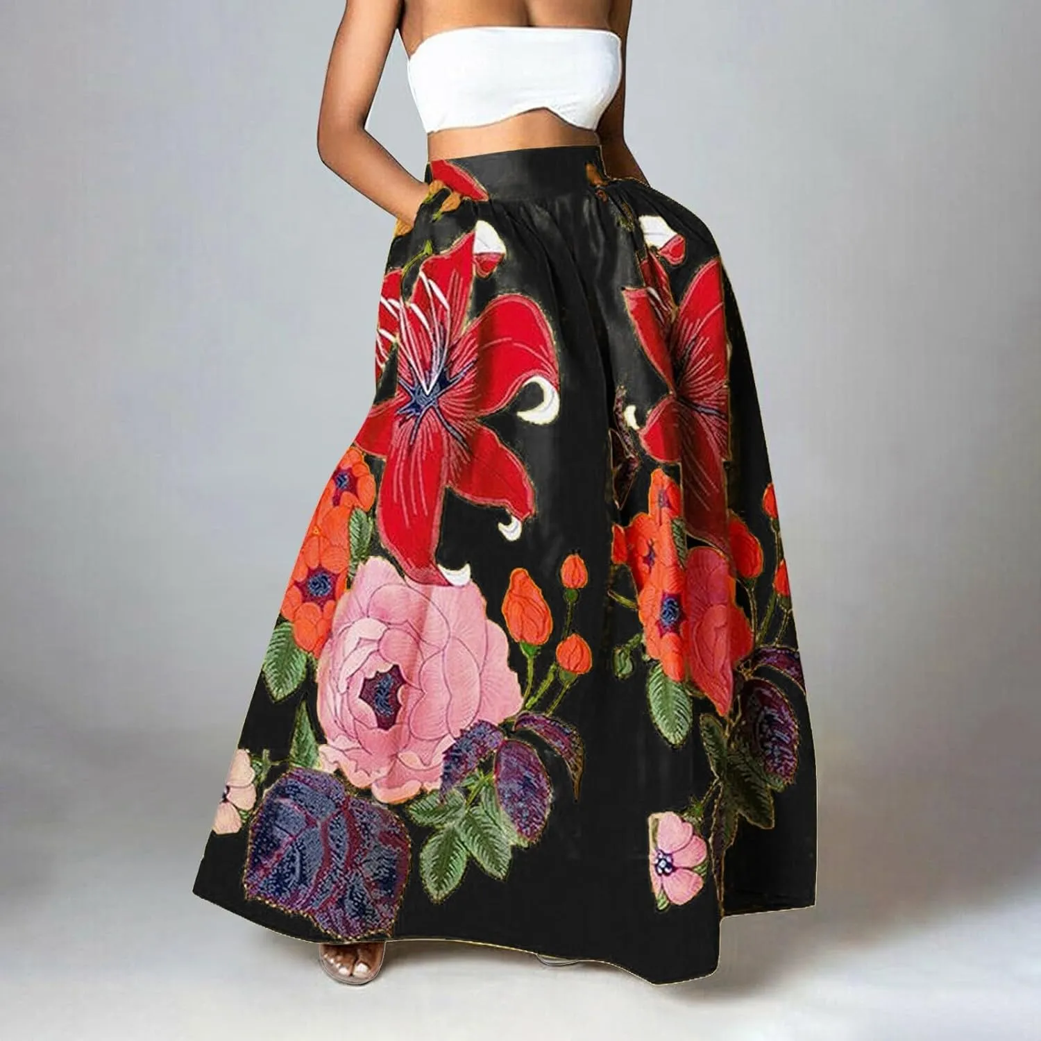 Pencil Skirt for Women Tummy Control High Waist Maxi Skirt Casual Loose Flowy Boho Party Long Women's Skirts with Pocket