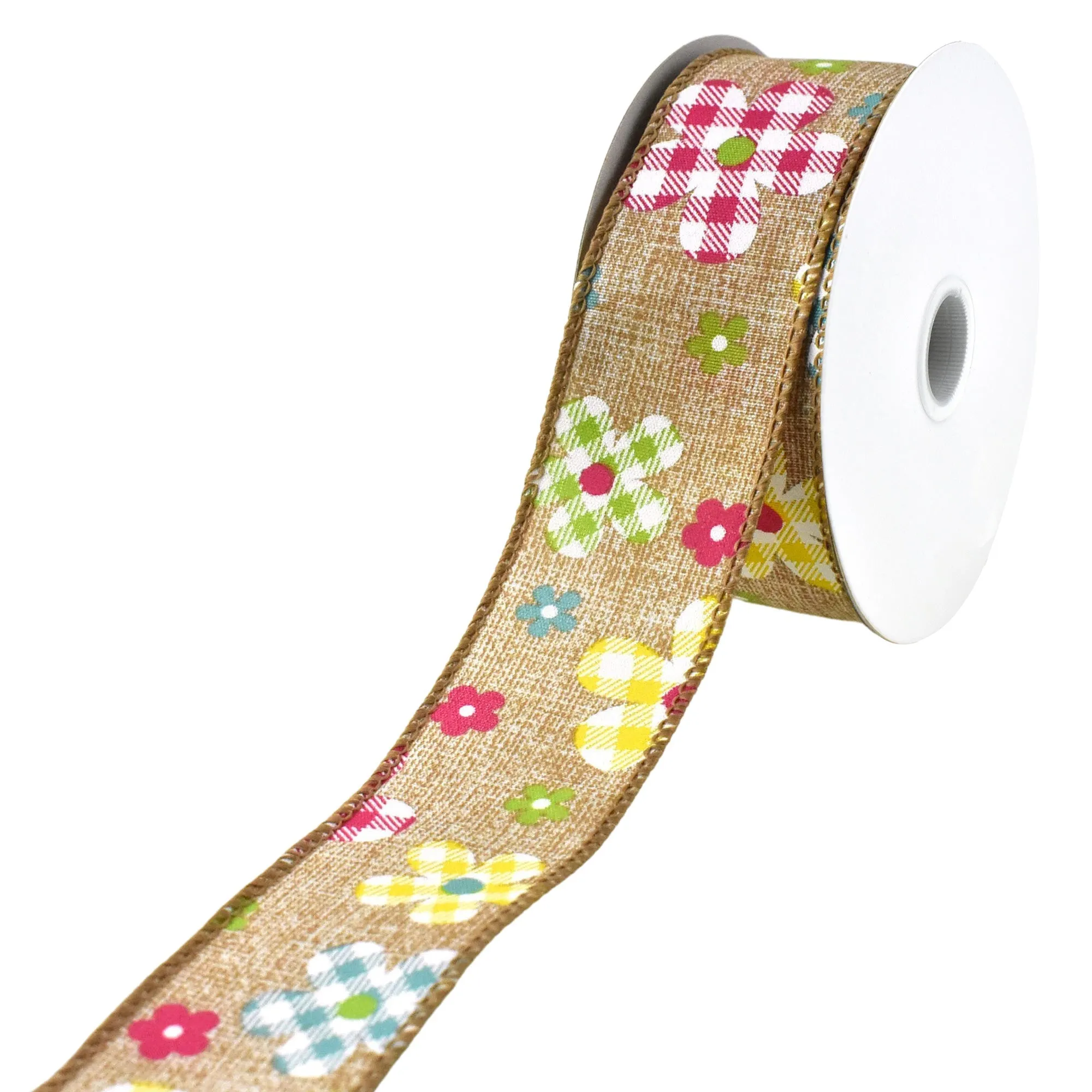 Plaid Patterned Spring Flowers Wired Ribbon, 10-yard