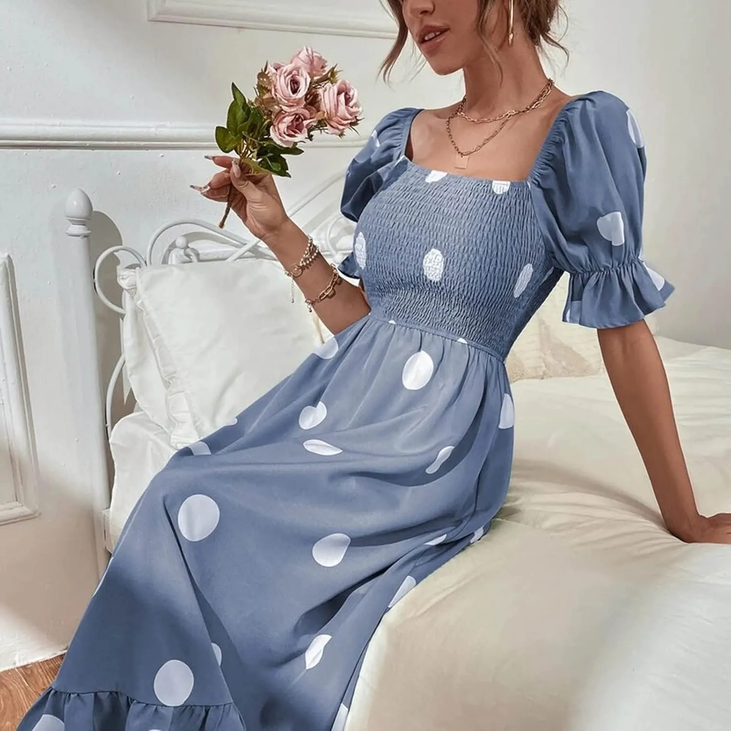 Polka Dot Maxi Dress for Women Square Neck Short Puff Sleeve Summer Midi Dress Elegant Ruffle Hem Shirred Dress 2025