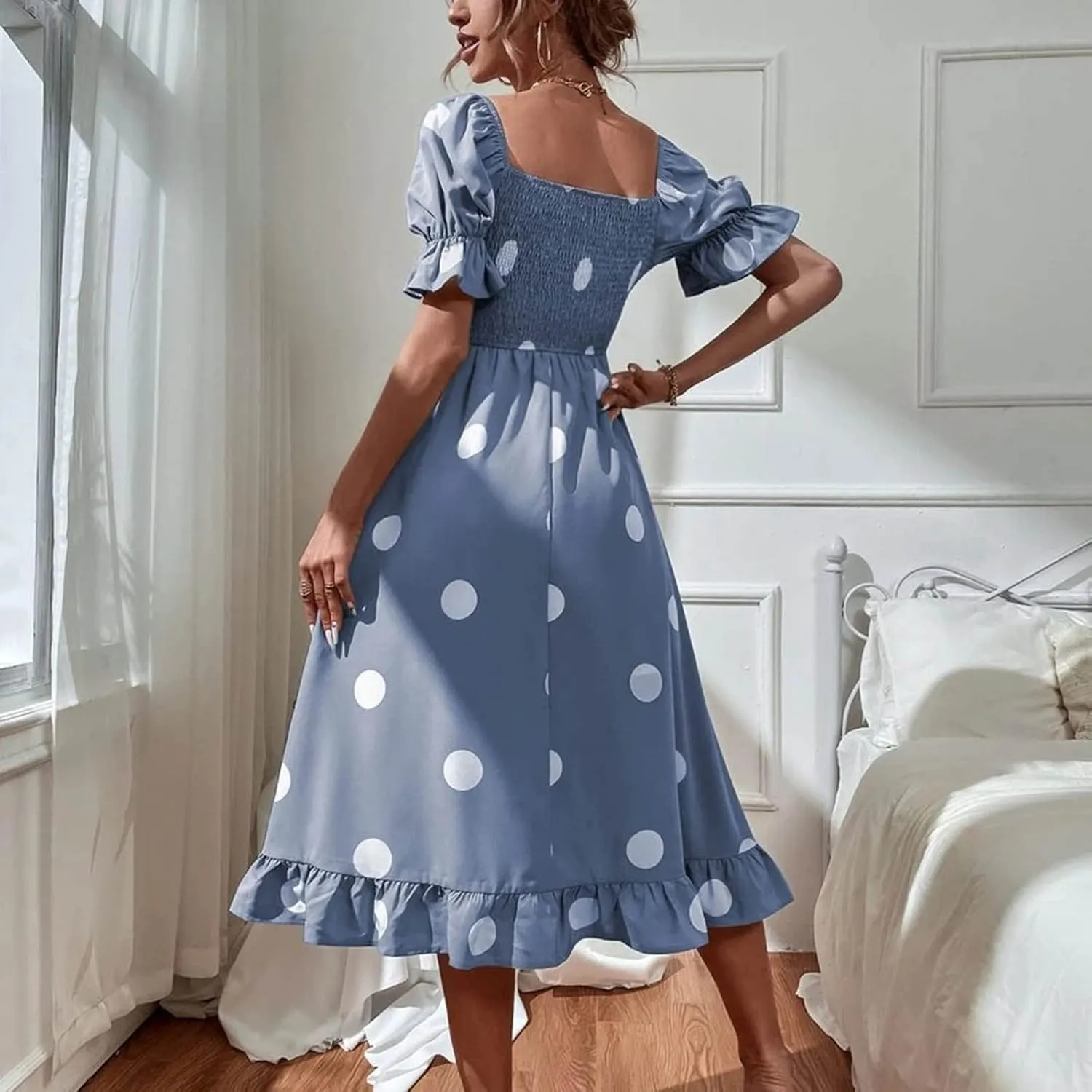 Polka Dot Maxi Dress for Women Square Neck Short Puff Sleeve Summer Midi Dress Elegant Ruffle Hem Shirred Dress 2025