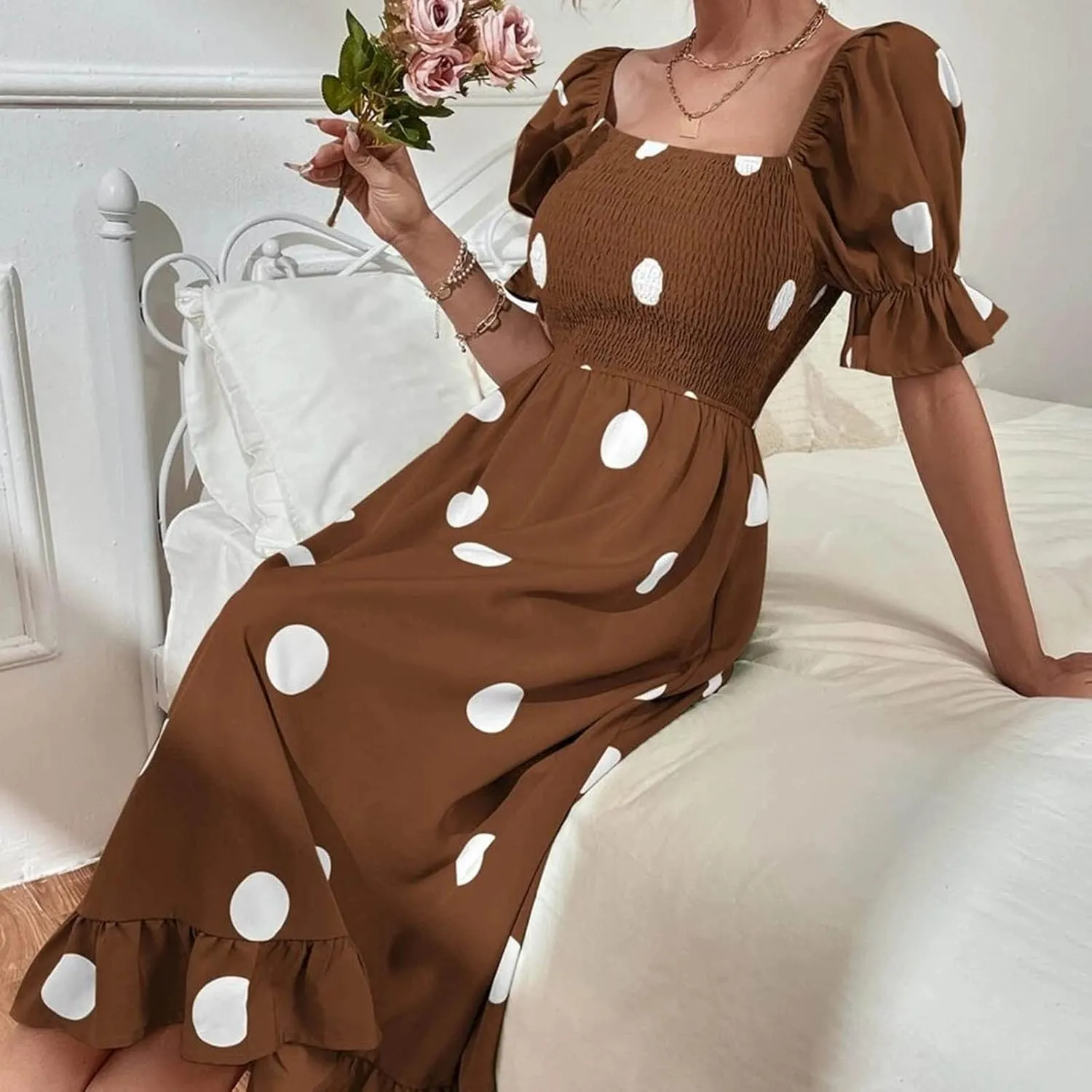 Polka Dot Maxi Dress for Women Square Neck Short Puff Sleeve Summer Midi Dress Elegant Ruffle Hem Shirred Dress 2025
