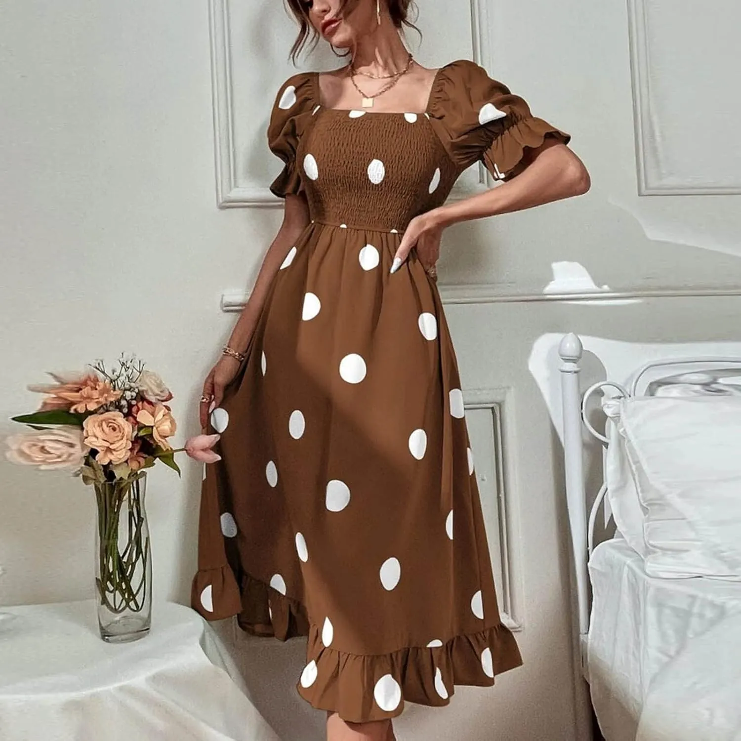 Polka Dot Maxi Dress for Women Square Neck Short Puff Sleeve Summer Midi Dress Elegant Ruffle Hem Shirred Dress 2025