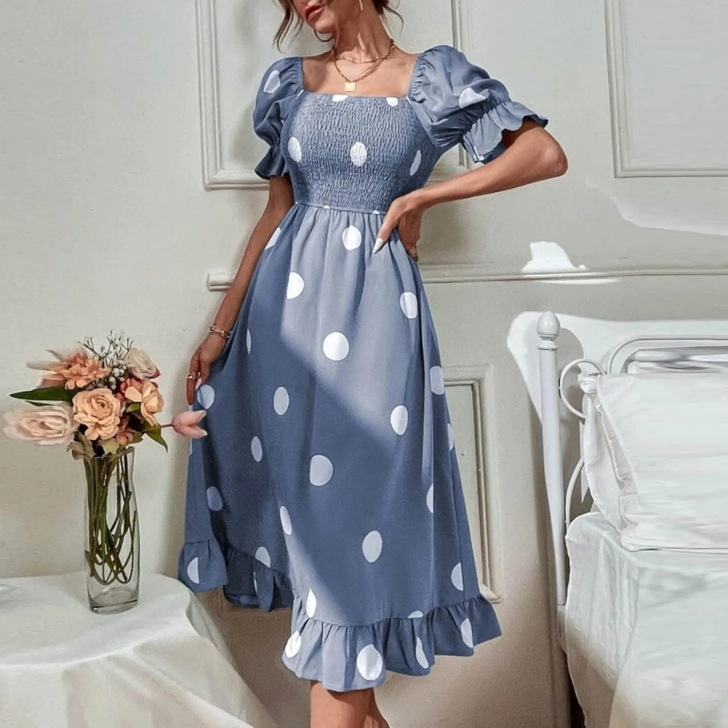 Polka Dot Maxi Dress for Women Square Neck Short Puff Sleeve Summer Midi Dress Elegant Ruffle Hem Shirred Dress 2025