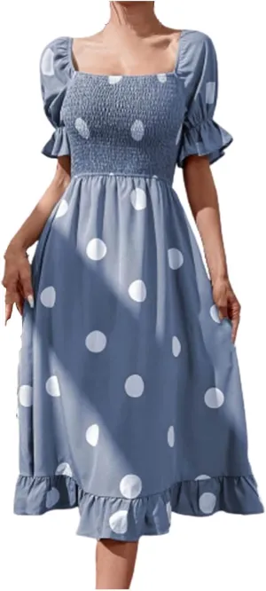 Polka Dot Maxi Dress for Women Square Neck Short Puff Sleeve Summer Midi Dress Elegant Ruffle Hem Shirred Dress 2025