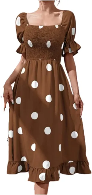 Polka Dot Maxi Dress for Women Square Neck Short Puff Sleeve Summer Midi Dress Elegant Ruffle Hem Shirred Dress 2025