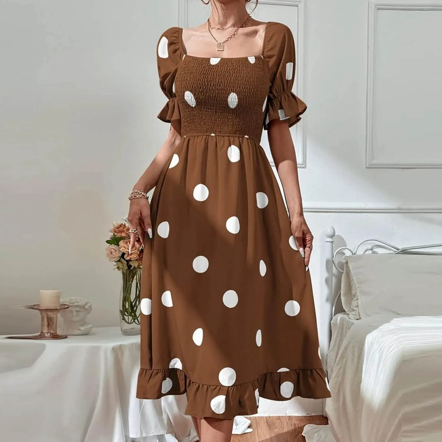Polka Dot Maxi Dress for Women Square Neck Short Puff Sleeve Summer Midi Dress Elegant Ruffle Hem Shirred Dress 2025