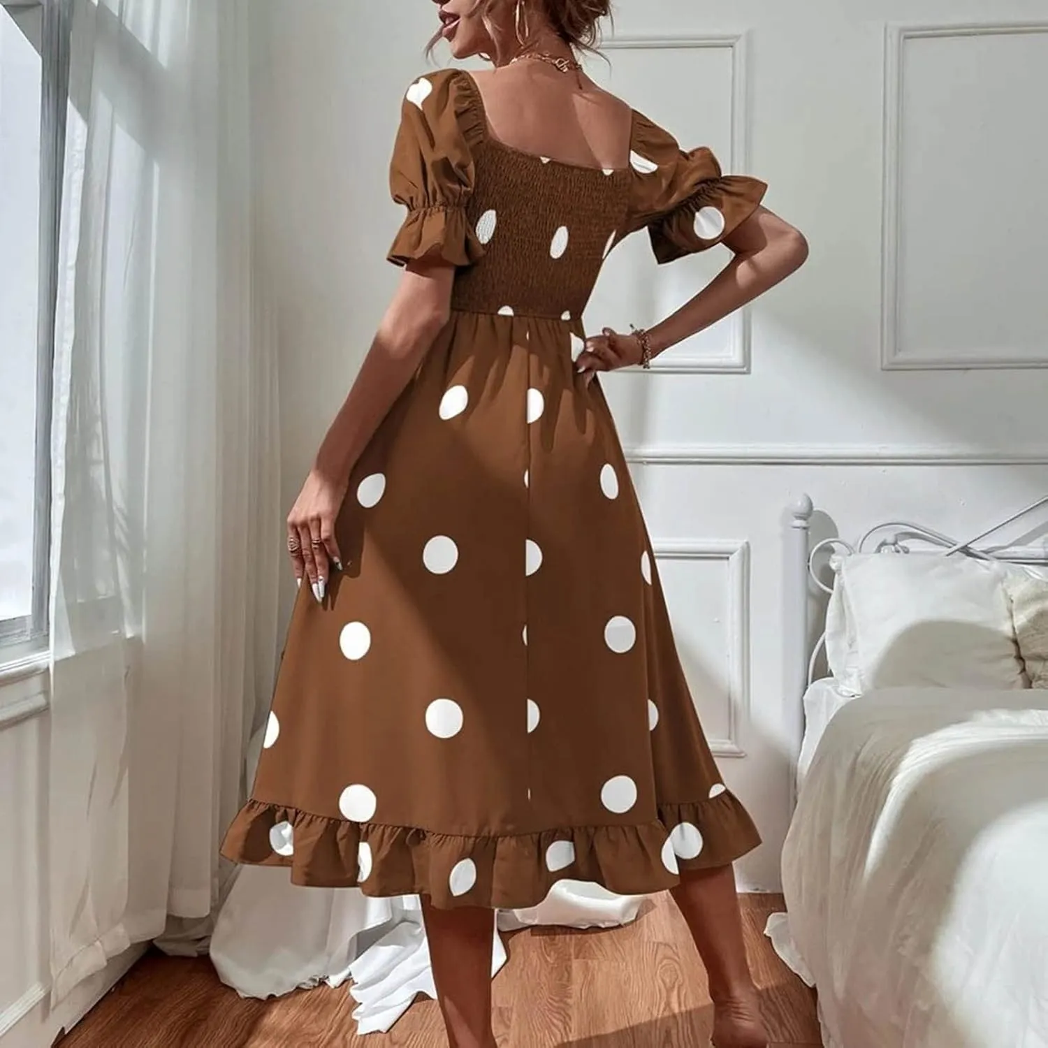 Polka Dot Maxi Dress for Women Square Neck Short Puff Sleeve Summer Midi Dress Elegant Ruffle Hem Shirred Dress 2025