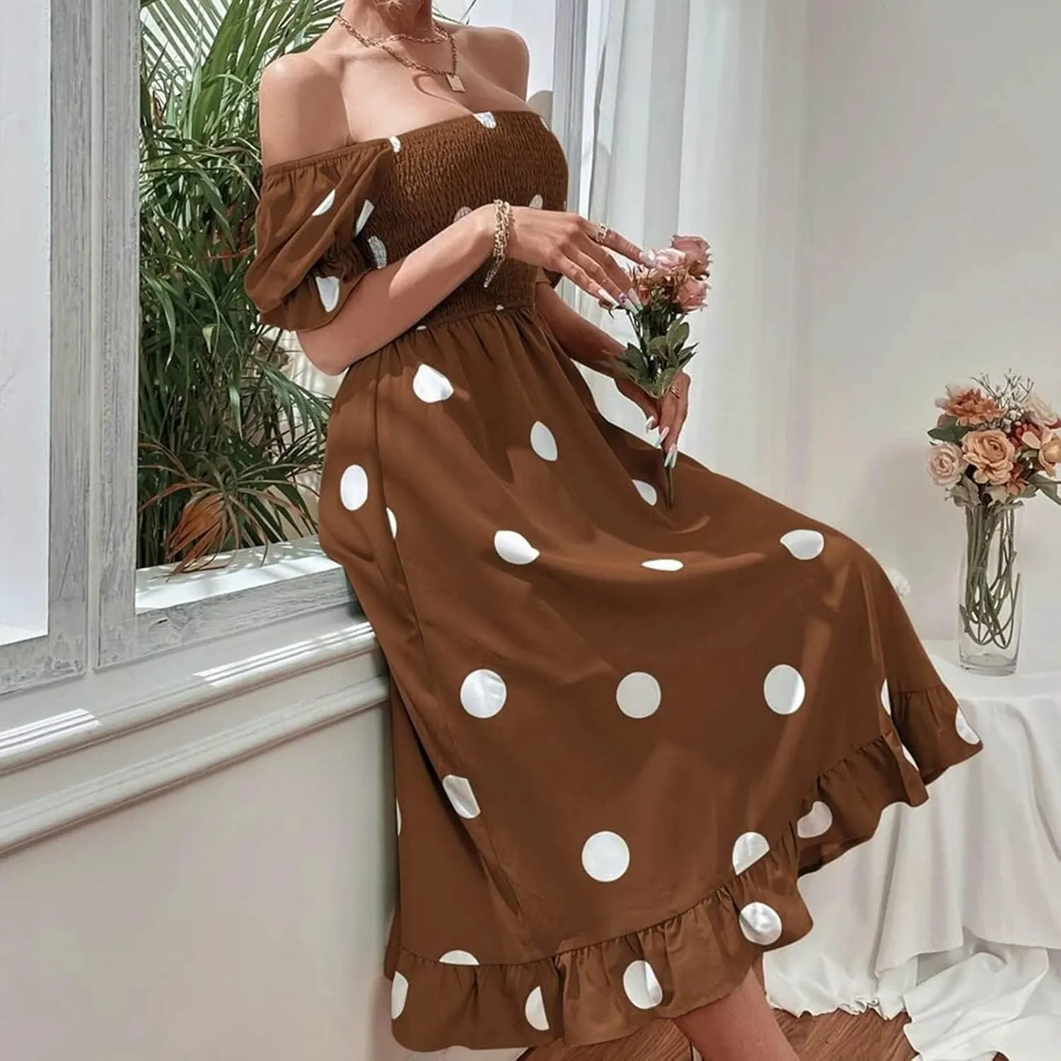 Polka Dot Maxi Dress for Women Square Neck Short Puff Sleeve Summer Midi Dress Elegant Ruffle Hem Shirred Dress 2025