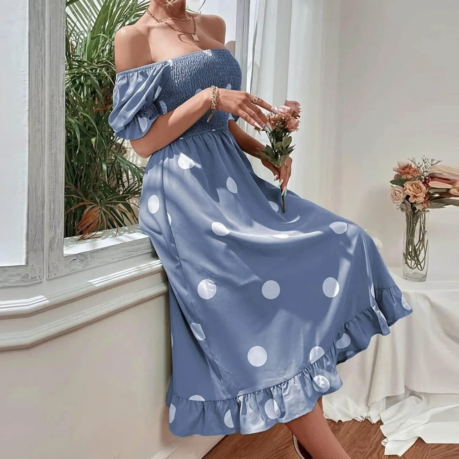 Polka Dot Maxi Dress for Women Square Neck Short Puff Sleeve Summer Midi Dress Elegant Ruffle Hem Shirred Dress 2025