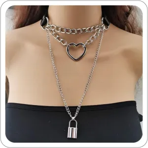 Punk Choker Necklace for Women Black Leather Collar Leash Adjustable Halloween Gothic Sexy Cosplay Accessorie Emo Jewelry (Silver-Heart)