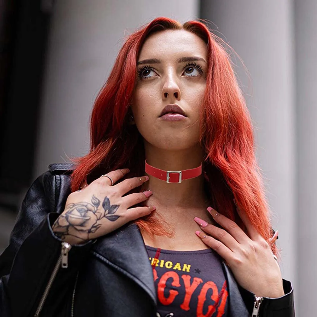 Punk Leather Choker PU Necklace Gothic Chokers Soft Collar Chain Rave Party Necklaces for Women (red)