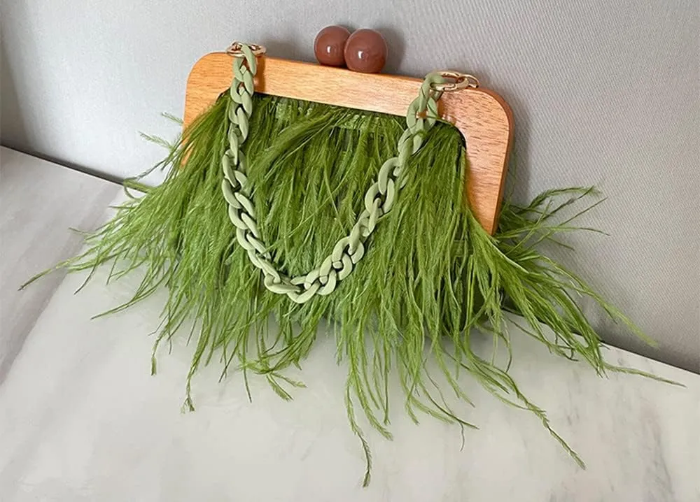 Retro Ostrich Feather Women's Evening Handbags Shell Tassel Party Clutch Purses Tote Bags for Women Party Banquet Prom Green