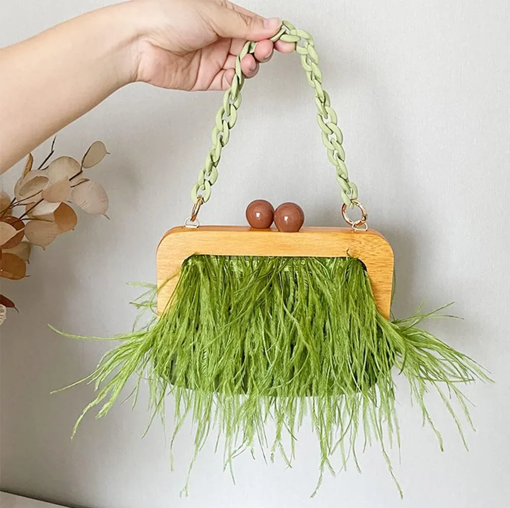Retro Ostrich Feather Women's Evening Handbags Shell Tassel Party Clutch Purses Tote Bags for Women Party Banquet Prom Green