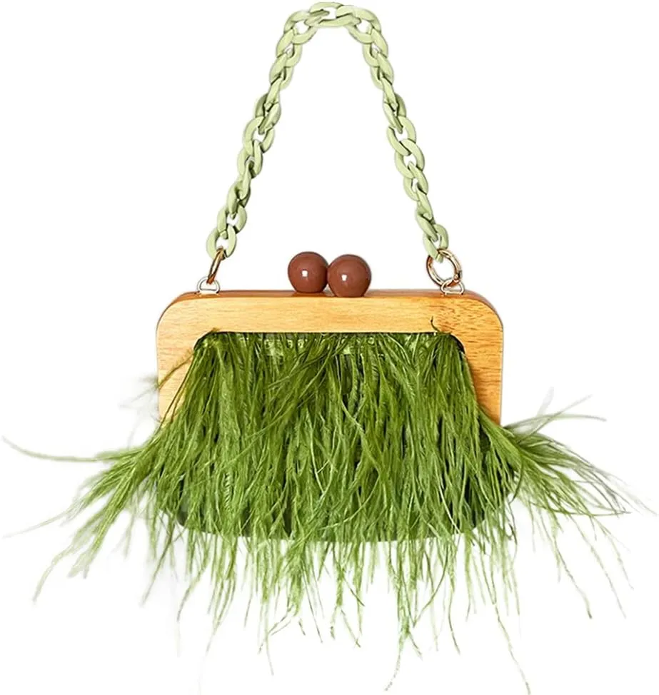 Retro Ostrich Feather Women's Evening Handbags Shell Tassel Party Clutch Purses Tote Bags for Women Party Banquet Prom Green