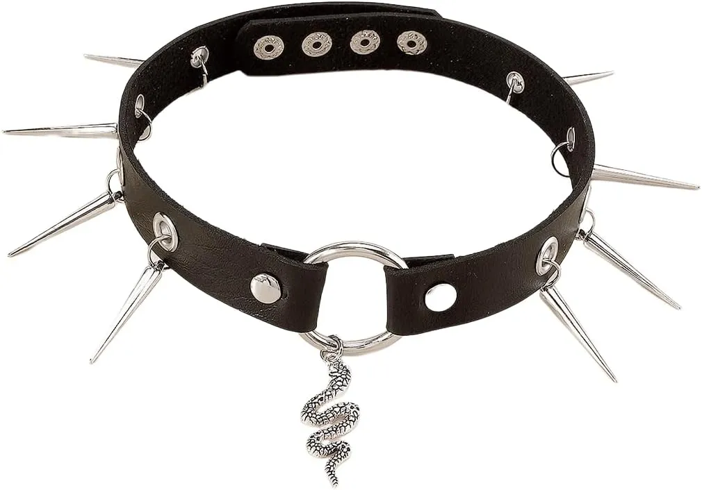 RFTWXHPN Black PU Leather Choker Necklace Silver Snake Chokers Goth Punk Spiked Choker Collar Necklace for Women Halloween Cosplay Jewelry Spike Chokers Collars Necklace