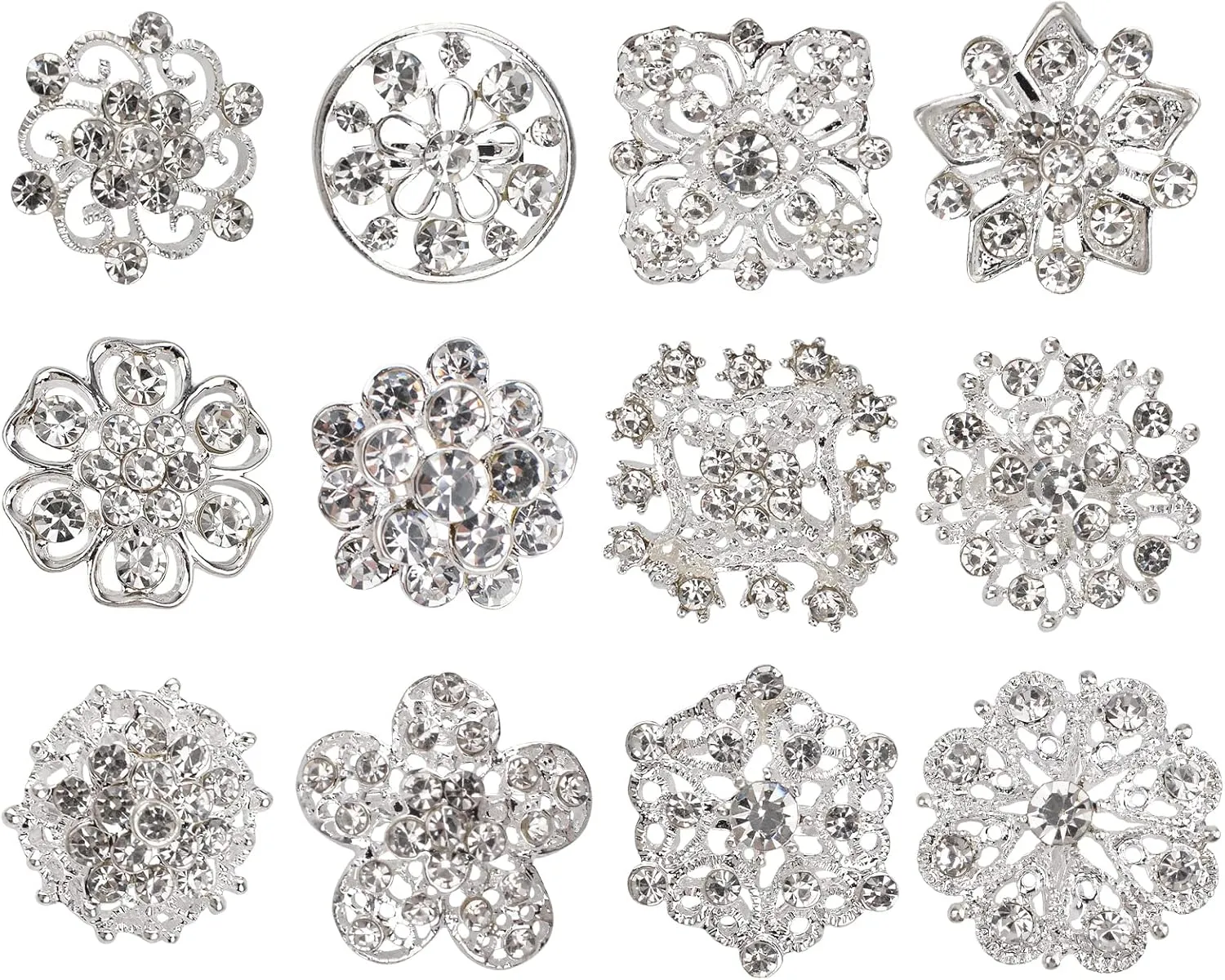 Rhinestone Crystal Flower Brooches Pins, 12 Pcs Assorted Rhinestone Corsage Bouquet Decor Flower Brooch Collar Pin White Plated Crystal Brooch