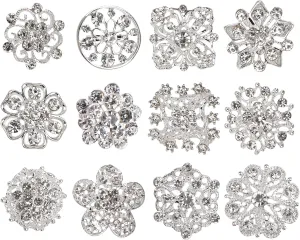 Rhinestone Crystal Flower Brooches Pins, 12 Pcs Assorted Rhinestone Corsage Bouquet Decor Flower Brooch Collar Pin White Plated Crystal Brooch