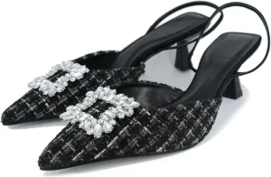 SAFECAMS Rhinestone Slingback Heels for Women Pointed Toe Sparkly Kitten Pumps Slip On Party Wedding Dress Shoes