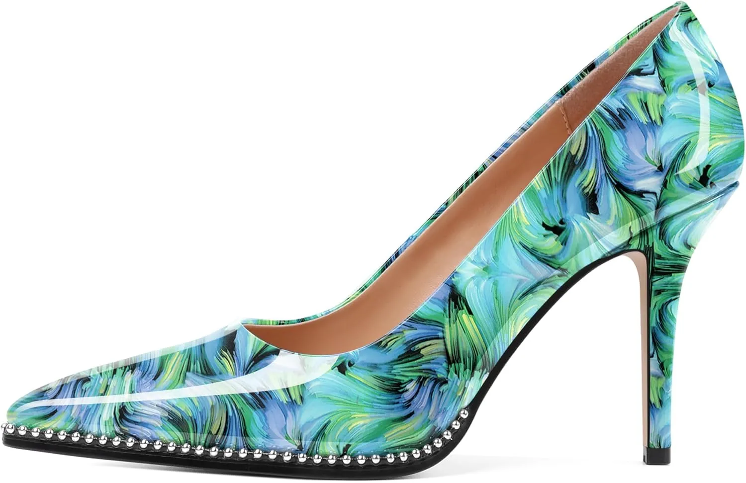 SAMMITOP Women Beaded Pumps Closed Pointed Toe High Heel Slip On Stilettos 3.5 Inch Sexy Heeled Dress Shoes Patent Leather