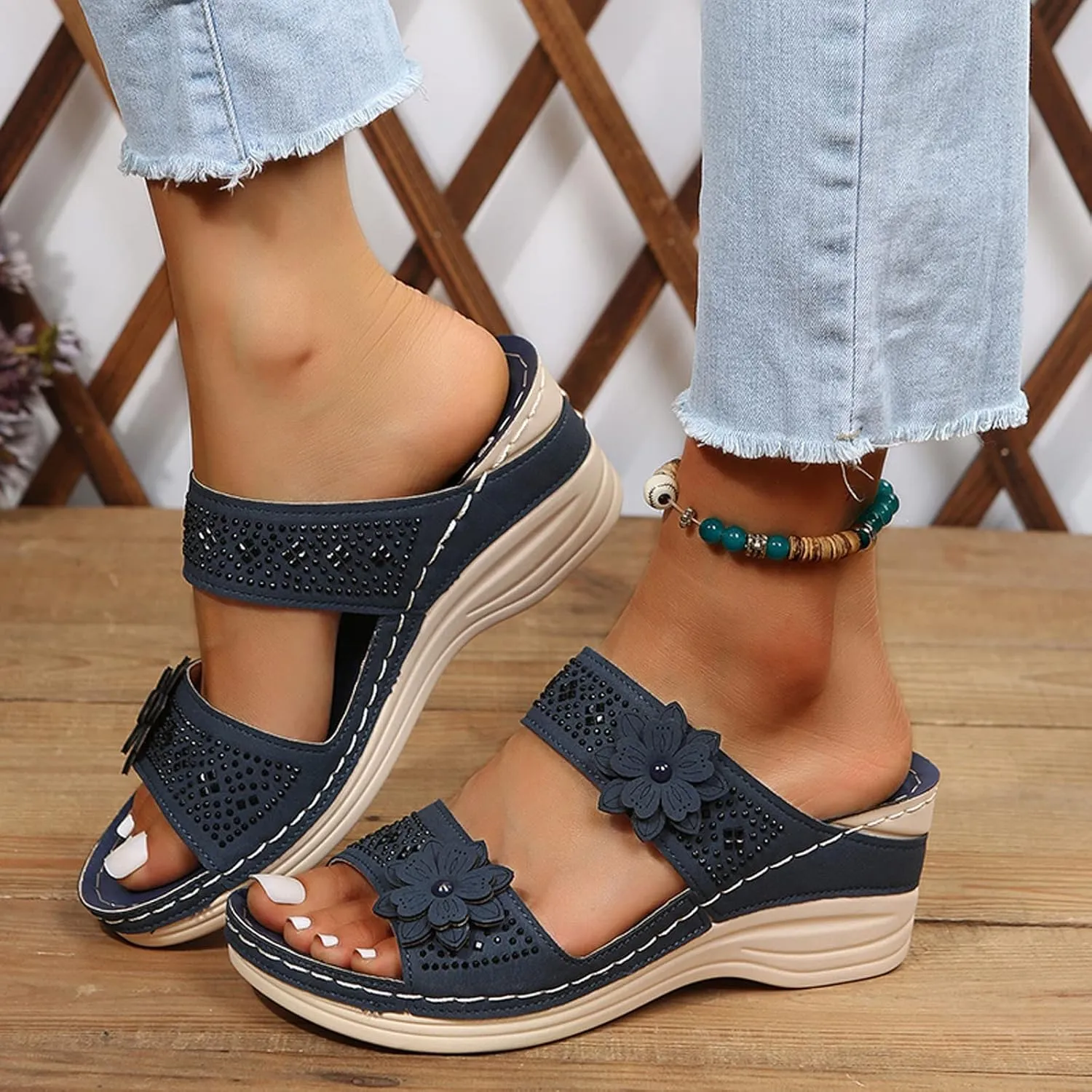 Sandals Women Dressy Summer Comfortable Cushion Orthopedic Open Toe Slip-on Flower Hollow Slip On Platform Sandals