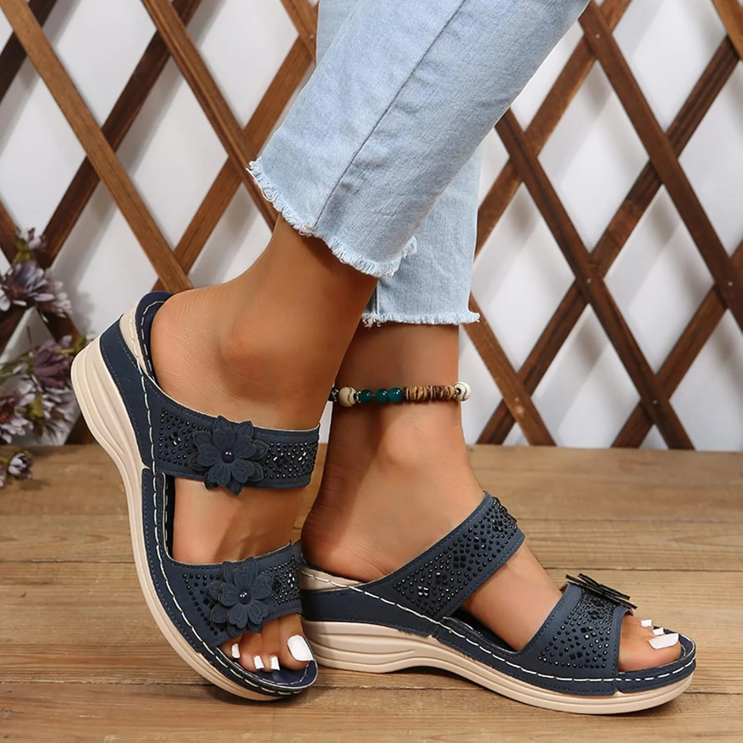 Sandals Women Dressy Summer Comfortable Cushion Orthopedic Open Toe Slip-on Flower Hollow Slip On Platform Sandals