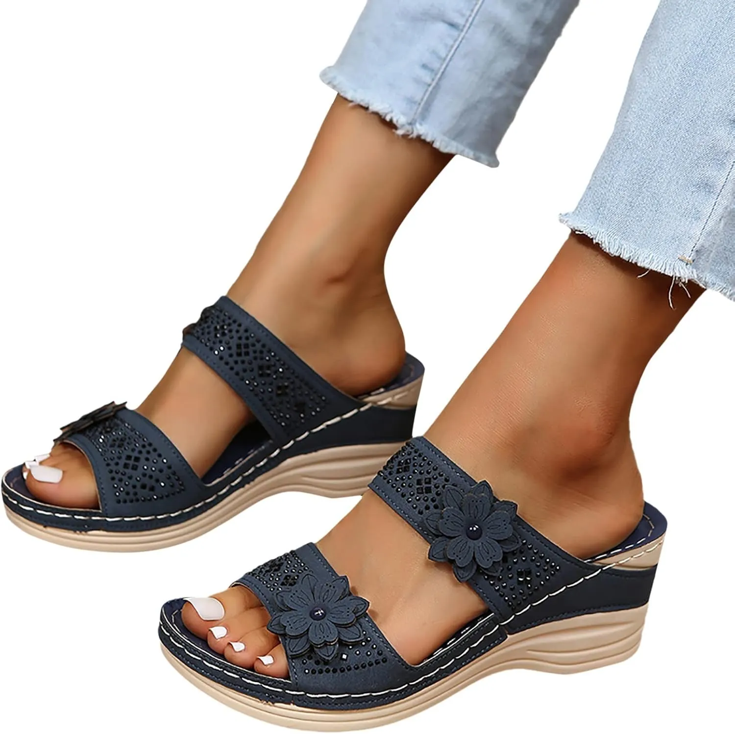 Sandals Women Dressy Summer Comfortable Cushion Orthopedic Open Toe Slip-on Flower Hollow Slip On Platform Sandals