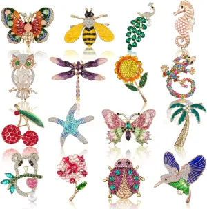 Sasylvia 16 Pcs Women Brooch Set Rhinestone Vintage Animal Insect Plant Pins Brooches Bulk for Women Girls Christmas Gifts
