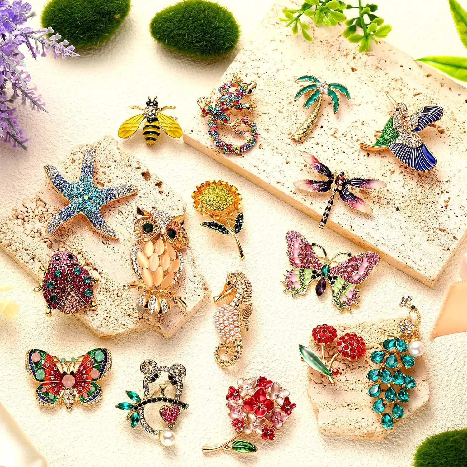 Sasylvia 16 Pcs Women Brooch Set Rhinestone Vintage Animal Insect Plant Pins Brooches Bulk for Women Girls Christmas Gifts
