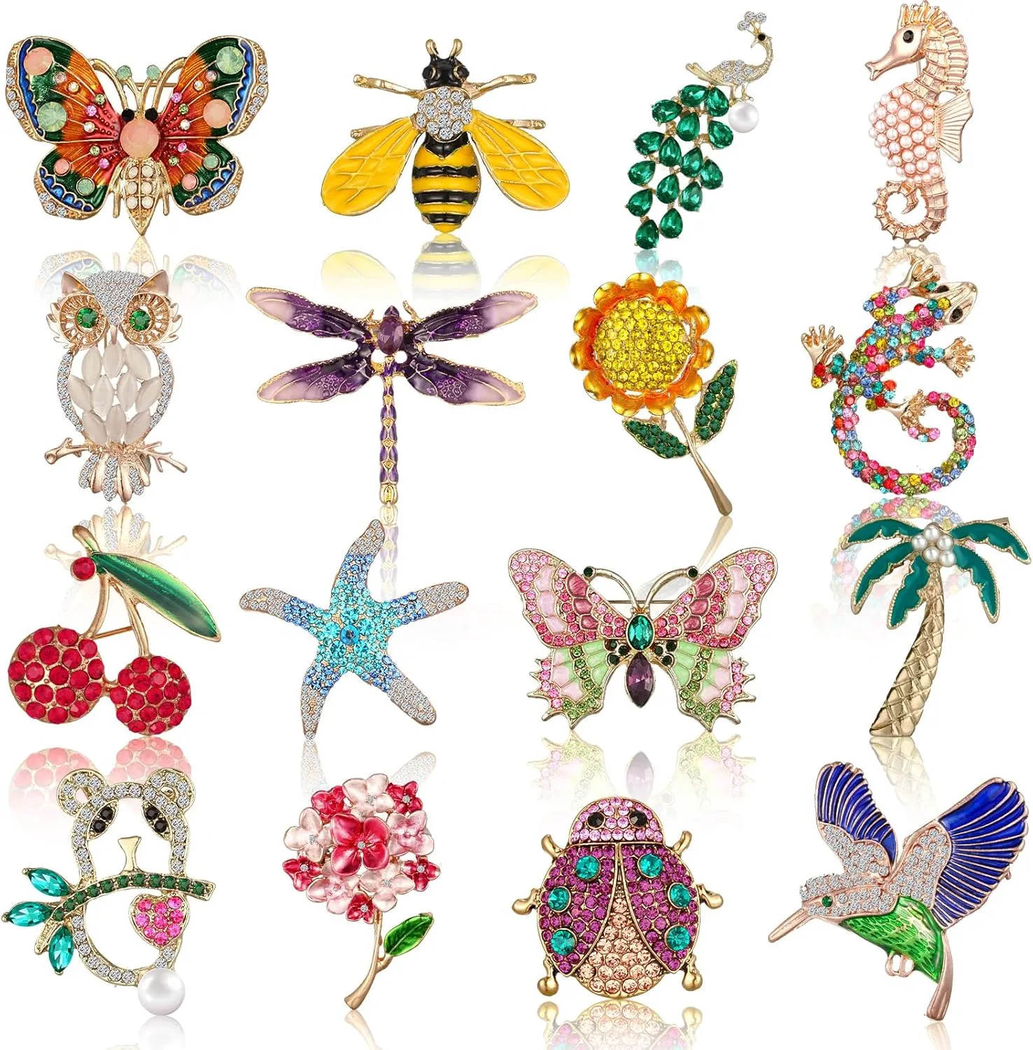 Sasylvia 16 Pcs Women Brooch Set Rhinestone Vintage Animal Insect Plant Pins Brooches Bulk for Women Girls Christmas Gifts