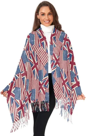 Scarf Pashmina Shawls and Wraps,Usa Uk Flags Super Soft Scarfs for Women for Evening Dress Bridesmaid Wedding Bridal, Rustic Vintage Flag Large Long Scarves Cape for Winter Fall