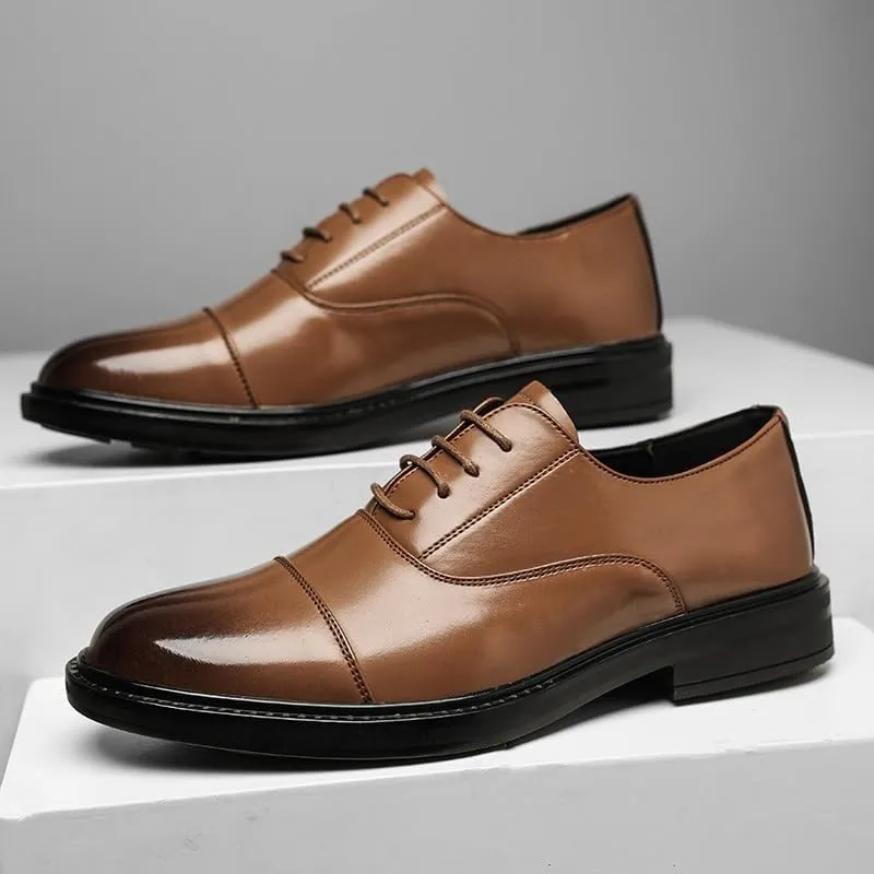 Shoes Dress Oxford for Men Lace Up Round Burnished Toe Vegan Leather Cap Toe Block Heel Slip Resistant Rubber Sole Business