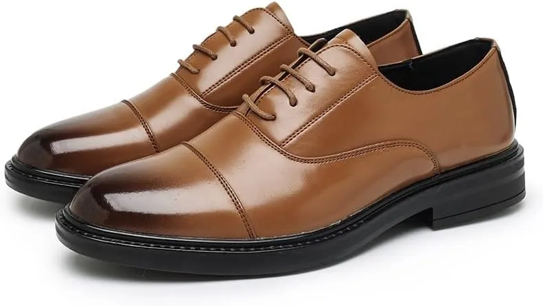 Shoes Dress Oxford for Men Lace Up Round Burnished Toe Vegan Leather Cap Toe Block Heel Slip Resistant Rubber Sole Business