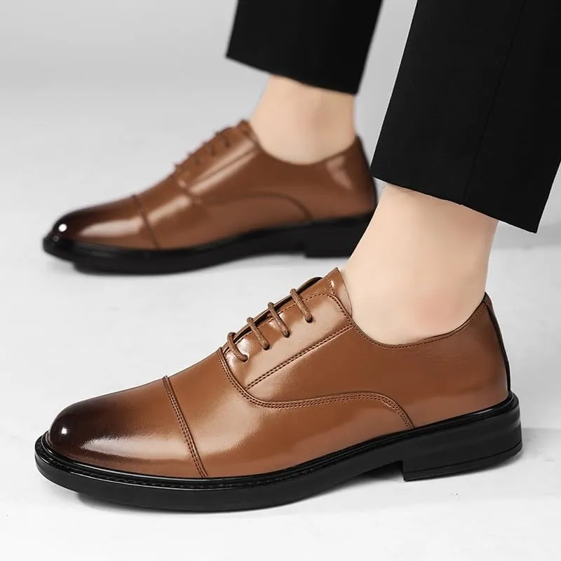 Shoes Dress Oxford for Men Lace Up Round Burnished Toe Vegan Leather Cap Toe Block Heel Slip Resistant Rubber Sole Business