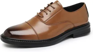 Shoes Dress Oxford for Men Lace Up Round Burnished Toe Vegan Leather Cap Toe Block Heel Slip Resistant Rubber Sole Business