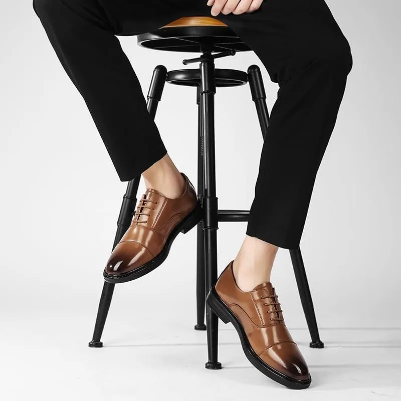 Shoes Dress Oxford for Men Lace Up Round Burnished Toe Vegan Leather Cap Toe Block Heel Slip Resistant Rubber Sole Business